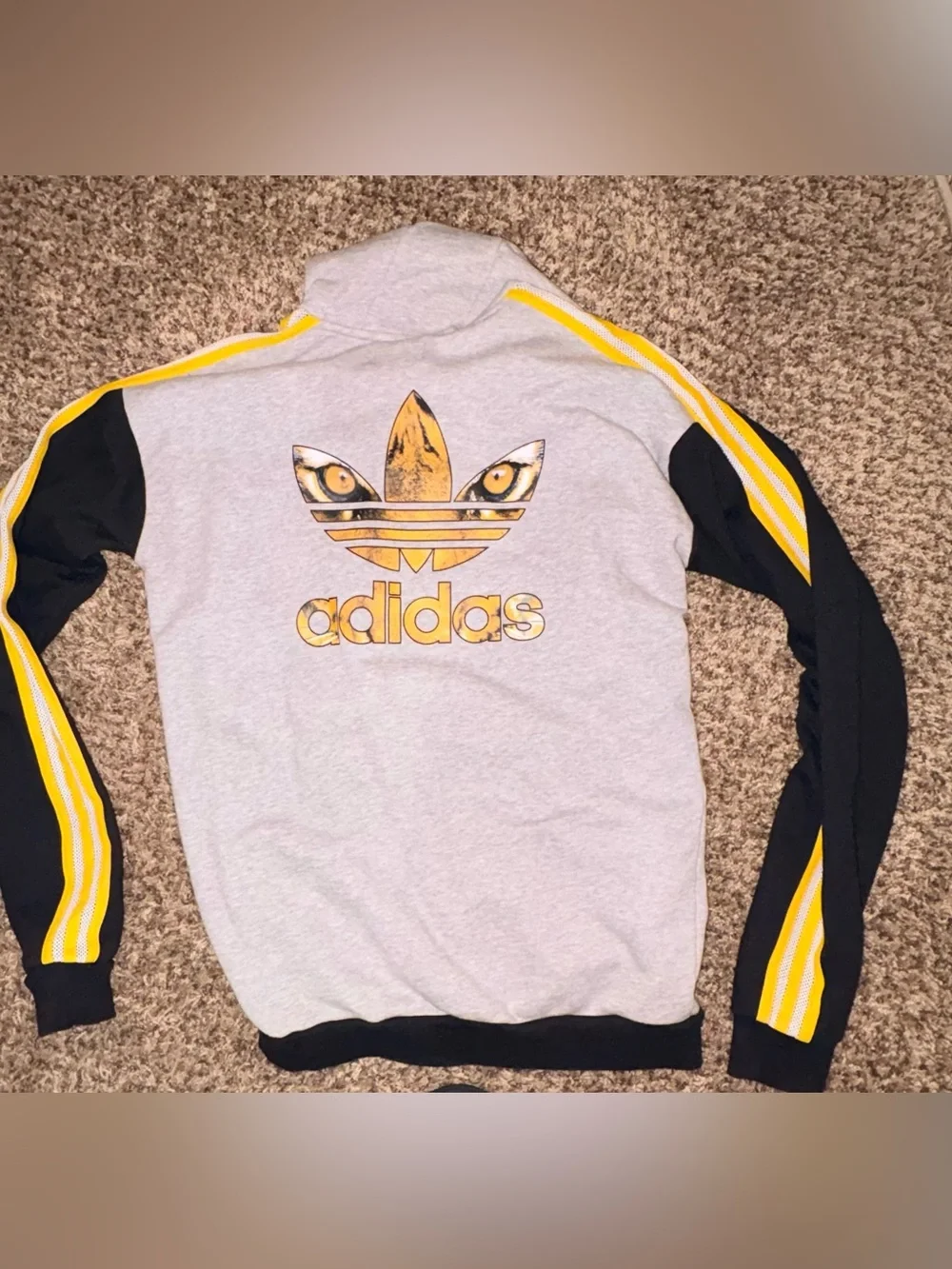 adidas Grey Hoodie with Black Panels & Yellow Stripes